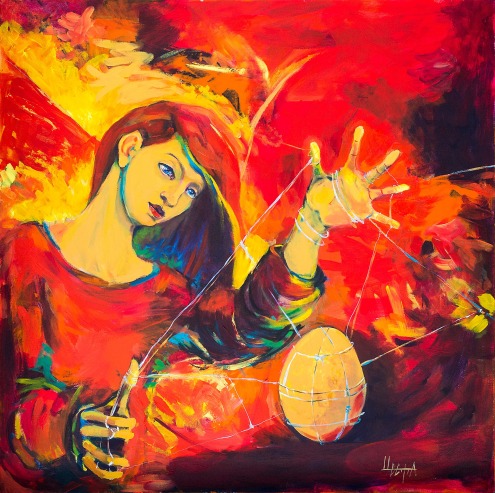 Cveta Marova, Cat`s Cradle - Red, 100-100 sm, Acril on canvas
